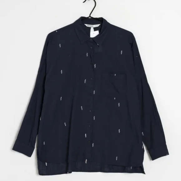 Zara navy blue Linen button down blouse XS oversize fit shirt key hole design - Picture 2 of 5